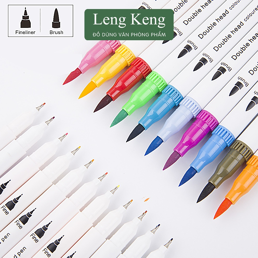 Bút brush dạ bộ 12 màu 2 đầu viết calligraphy văn phòng phẩm Leng Keng B48 + B24