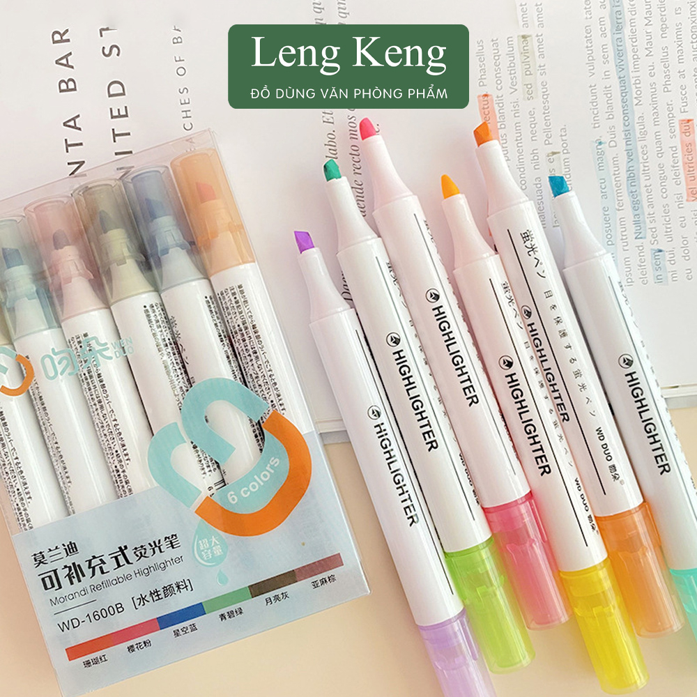 Bút dạ quang bộ 6 màu highlight pastel văn phòng phẩm Leng Keng đánh dấu nhớ dòng HP7251