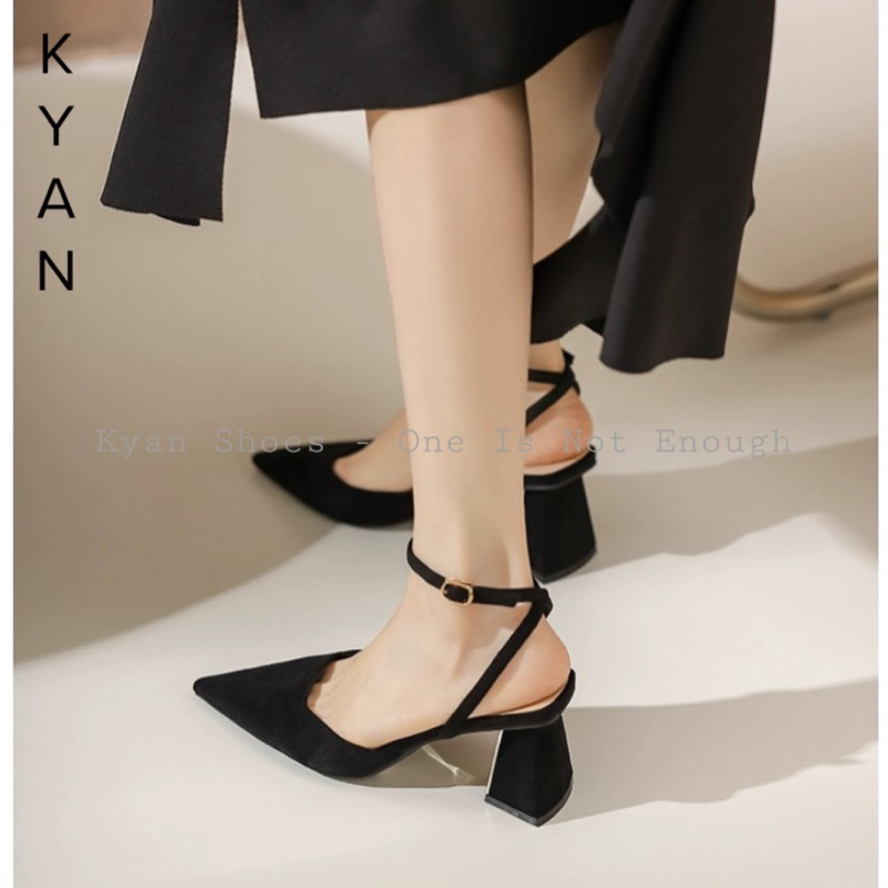 Giày Cao Gót Nữ, Mũi Nhọn, Gót Cao 7 Phân, Quai Hậu, Chất Liệu Nỉ, Giày Slingback Bít Mũi Đế Vuông Kyan034SB
