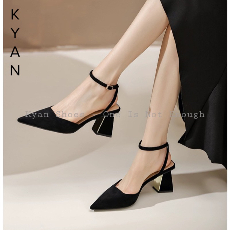 Giày Cao Gót Nữ, Mũi Nhọn, Gót Cao 7 Phân, Quai Hậu, Chất Liệu Nỉ, Giày Slingback Bít Mũi Đế Vuông Kyan034SB