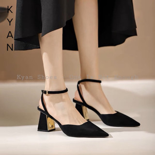 Giày cao gót nữ, mũi nhọn, gót cao 7 phân, quai hậu, chất liệu nỉ, giày slingback bít mũi đế vuông kyan034
