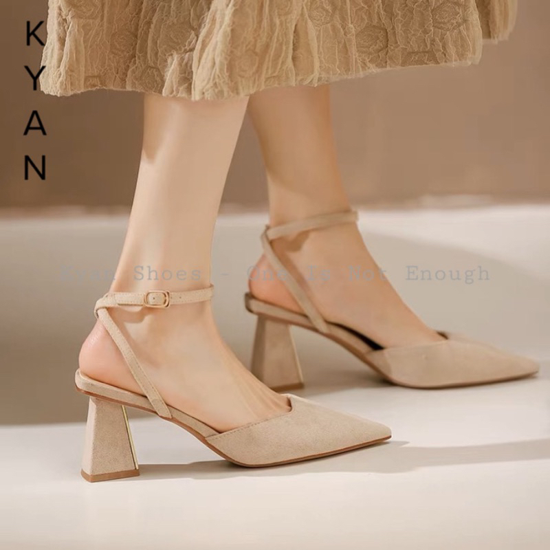 Giày Cao Gót Nữ, Mũi Nhọn, Gót Cao 7 Phân, Quai Hậu, Chất Liệu Nỉ, Giày Slingback Bít Mũi Đế Vuông Kyan034SB
