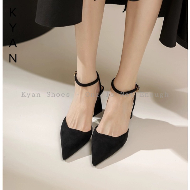 Giày Cao Gót Nữ, Mũi Nhọn, Gót Cao 7 Phân, Quai Hậu, Chất Liệu Nỉ, Giày Slingback Bít Mũi Đế Vuông Kyan034SB