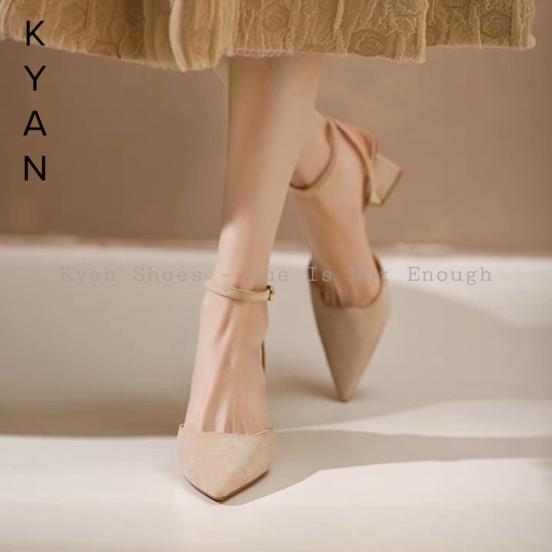 Giày Cao Gót Nữ, Mũi Nhọn, Gót Cao 7 Phân, Quai Hậu, Chất Liệu Nỉ, Giày Slingback Bít Mũi Đế Vuông Kyan034SB