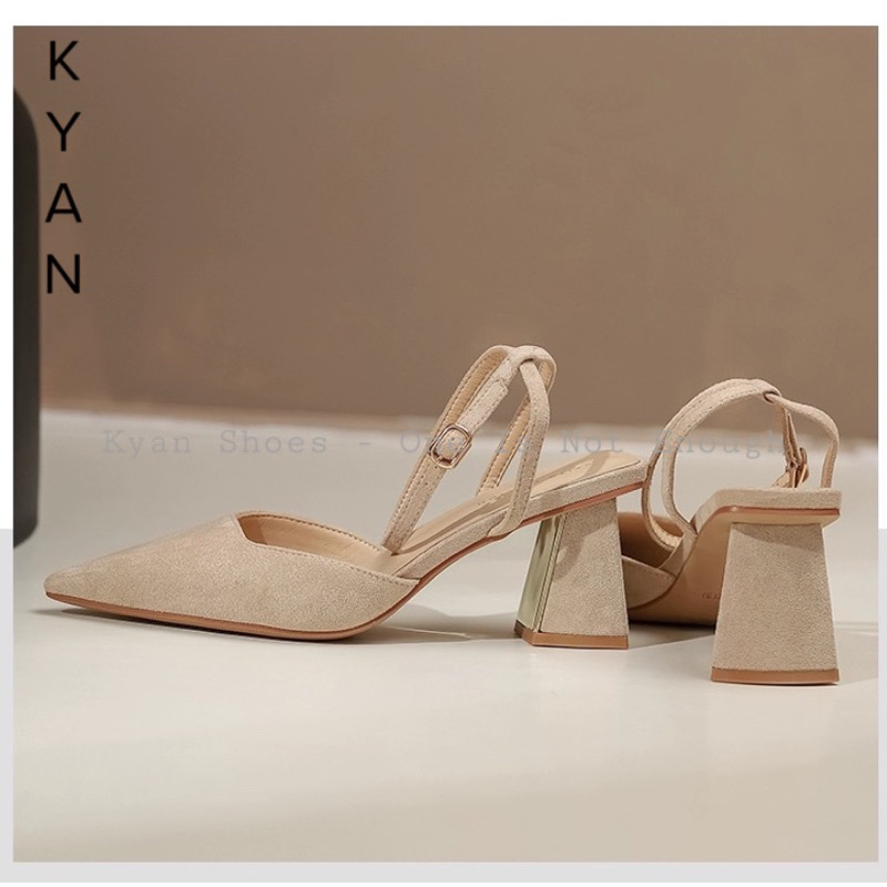 Giày Cao Gót Nữ, Mũi Nhọn, Gót Cao 7 Phân, Quai Hậu, Chất Liệu Nỉ, Giày Slingback Bít Mũi Đế Vuông Kyan034SB