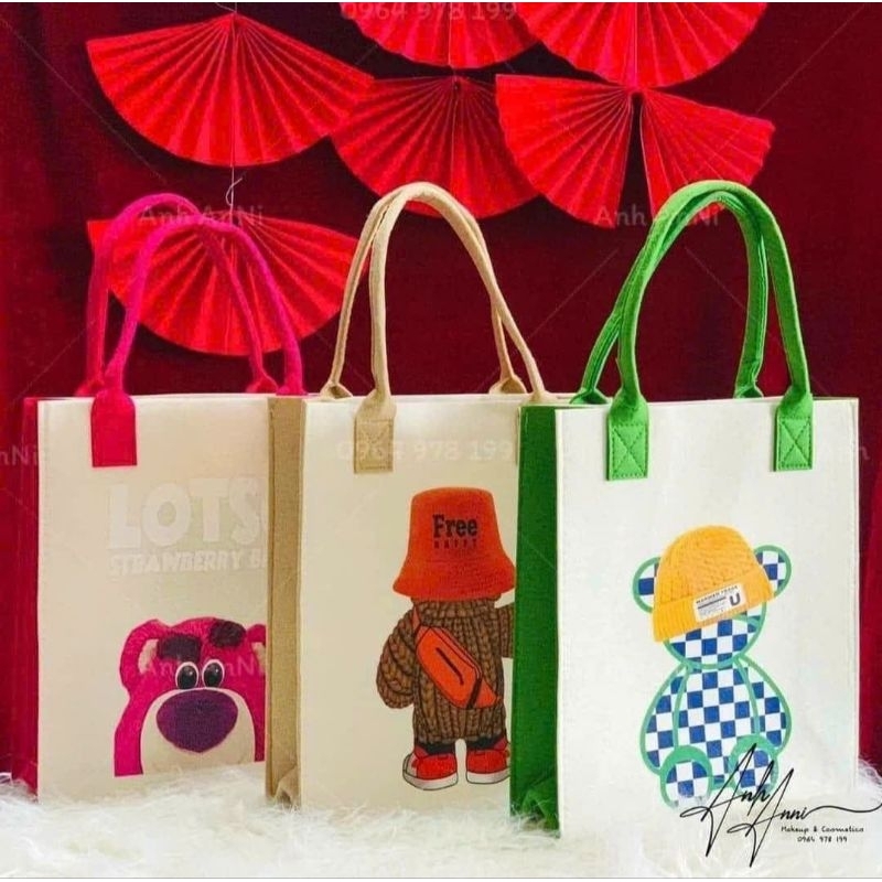 túi vải nỉ tote in họa tiết gấu dâu Lotso