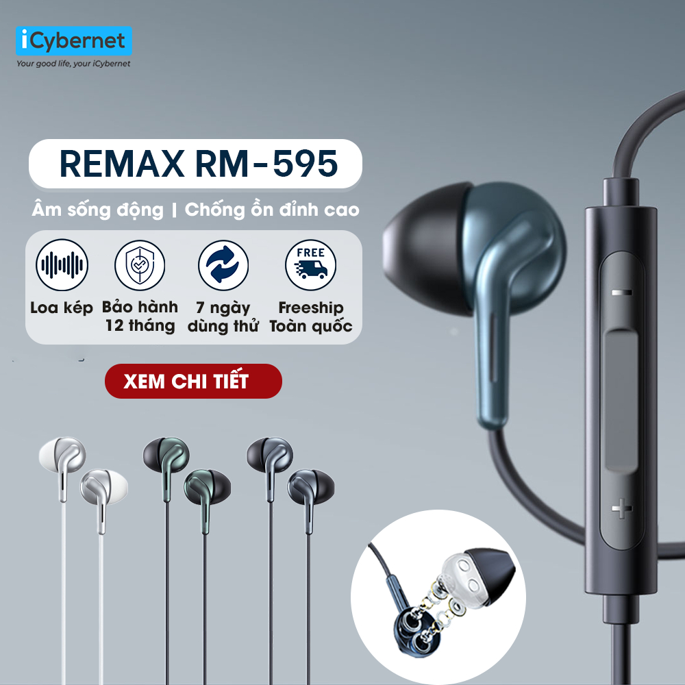 Tai nghe chân 3.5mm Remax RM-595 loa kép độc đáo, dây dù 1,2m chống rối, trọng lượng siêu nhẹ - Chính hãng - ICYBERNET