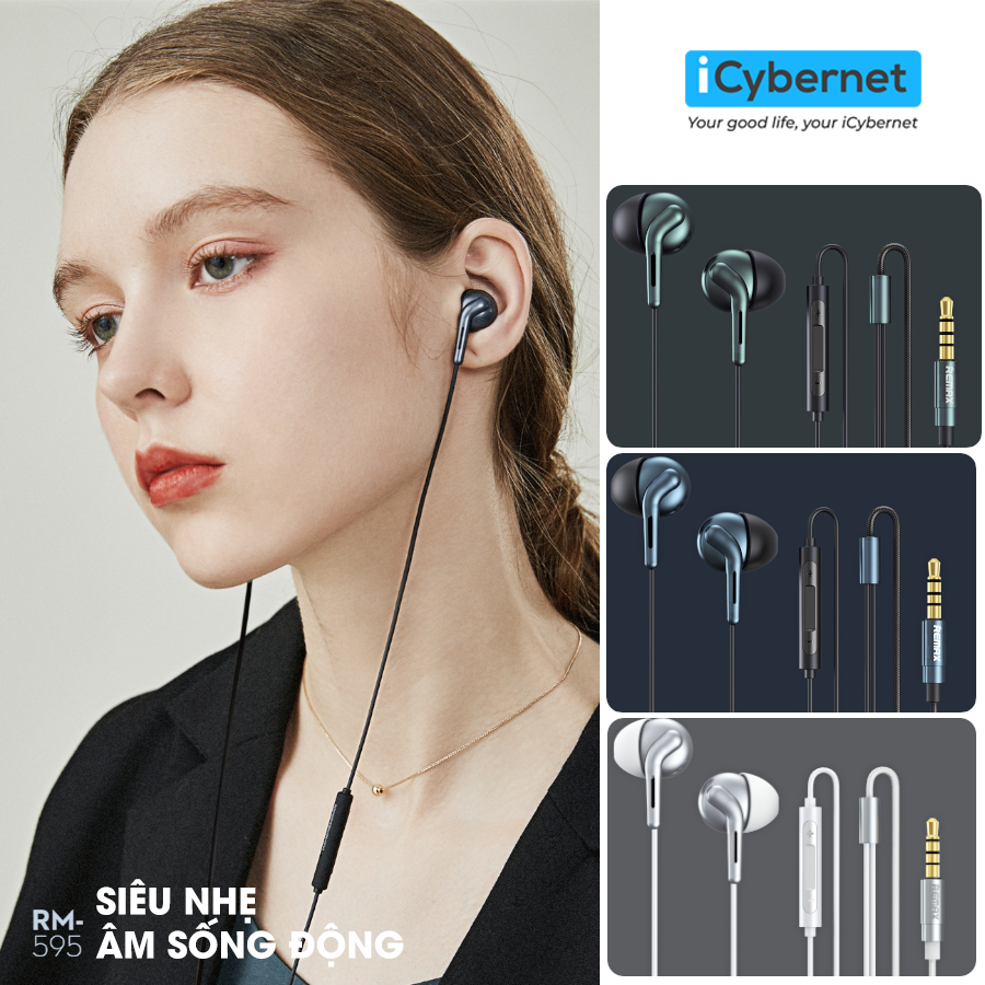 Tai nghe chân 3.5mm Remax RM-595 loa kép độc đáo, dây dù 1,2m chống rối, trọng lượng siêu nhẹ - Chính hãng - ICYBERNET