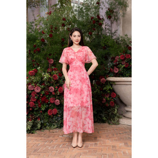 Đầm maxi LALULILL tay tiên nhún ngực tơ hoa hồng LDL2304204