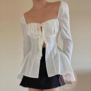 Áo Bigsize tay loe cổ vuông nơ ngực xẻ giữa có mút ngực