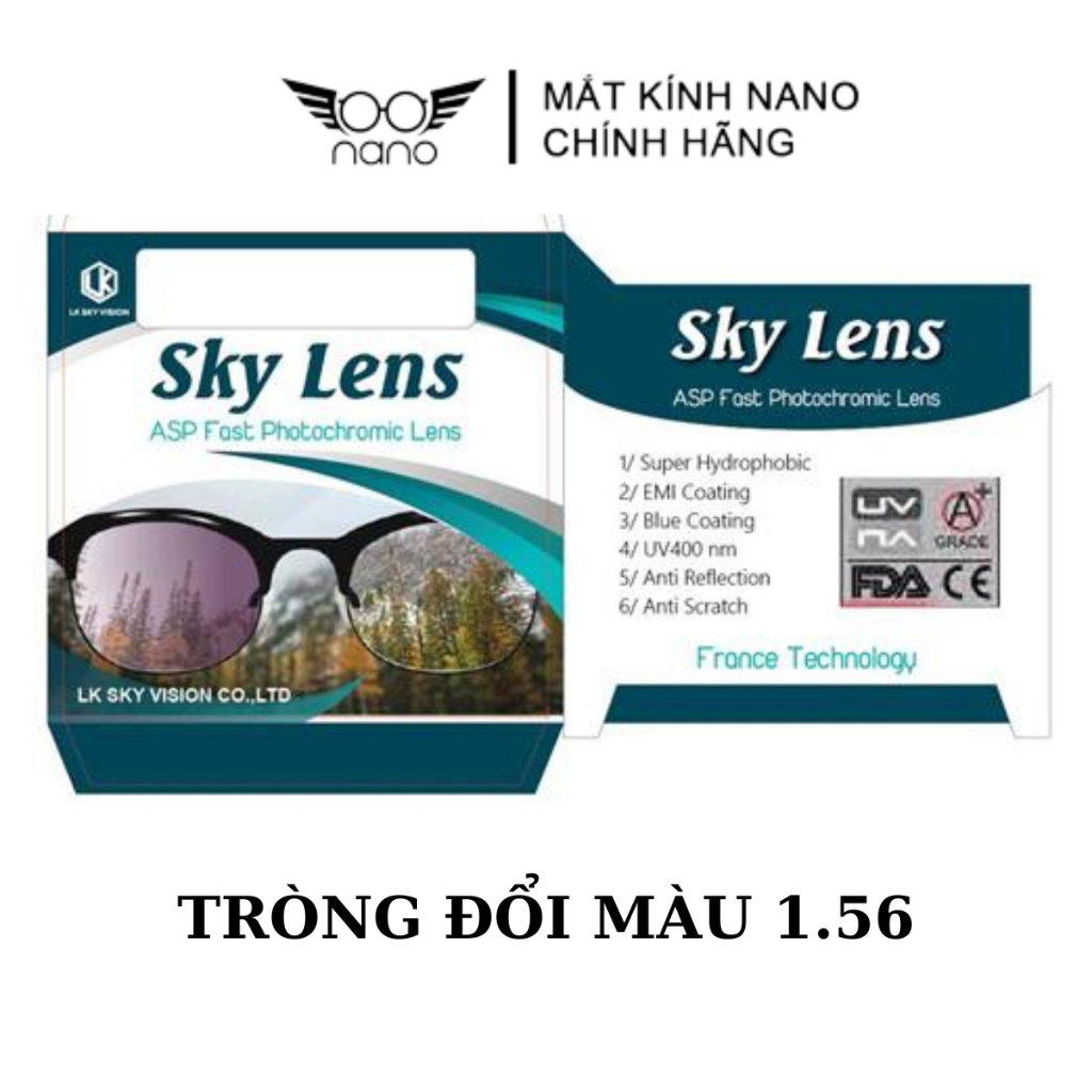 Tròng kính cận đổi màu khói ánh sáng xanh SKY LENS 1.56 VÀ 1.61 ASP, UV chính hãng