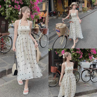 Đầm váy nữ dãng xòe maxi họa tiết dây vòng cổ, hở lưng quyến dũ xinh xắn ( có mút ngực, có lót ) dễ thương dự tiệc