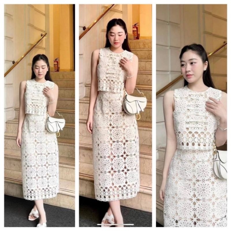 set áo ren nơ ngực chân váy midi