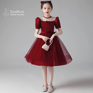 Đầm váy tiểu thư cho bé gái Tutupetti đỏ đô cổ vuông cột dây sang chảnh