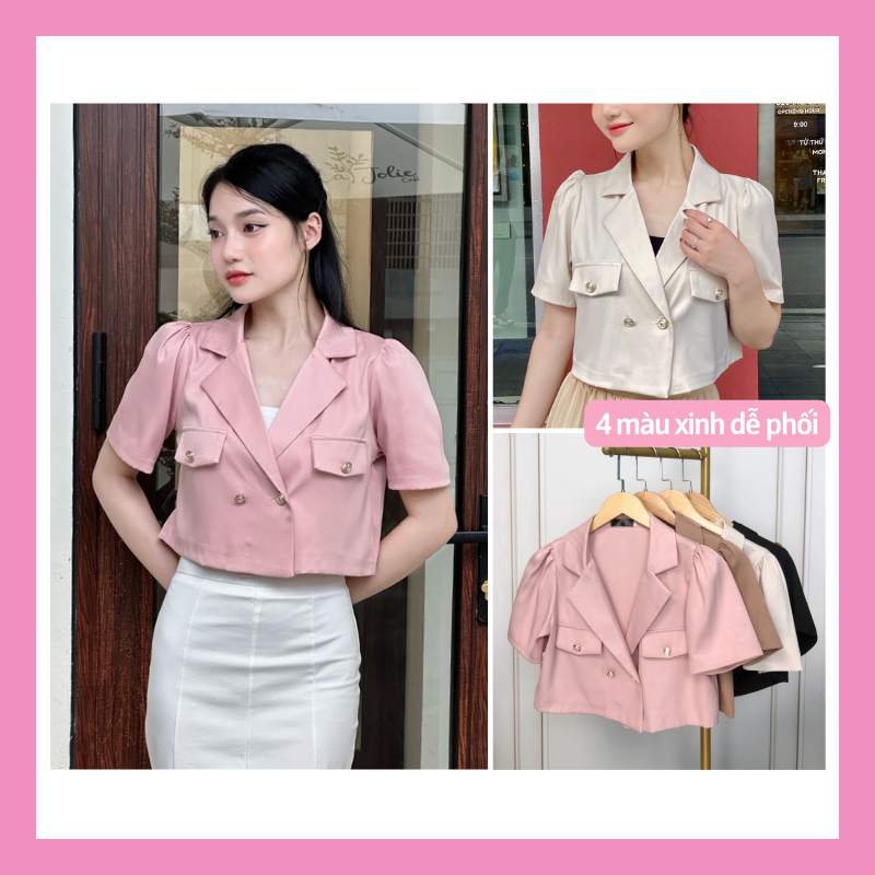 Áo vest blazer croptop nữ tay ngắn lỡ nhún vai sơ mi dáng ngắn lửng chất chéo hàn mềm mát trẻ trung sang trọng ASM19
