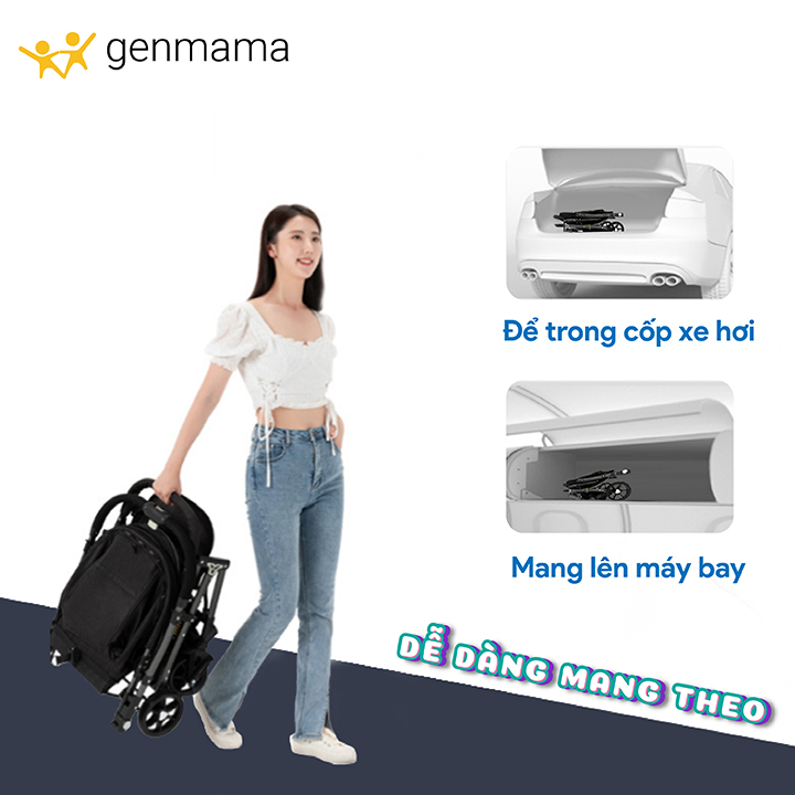 Xe đẩy gấp gọn cho bé 2 chiều, 3 tư thế, siêu nhẹ, giảm xóc 2 bánh, xe đẩy cho bé sơ sinh chính hãng Genmama