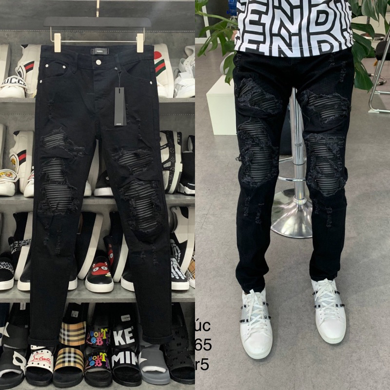 Quần jean bò nam Amiri slimfit black rách xù hai bên đùi vá da nhăn cứng đen phong cách đường phố
