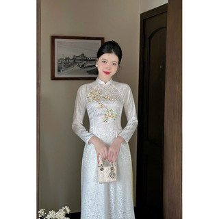 Áo dài cách tân THÊU HOA-LỤA GẤM HOA  sang chảnh
