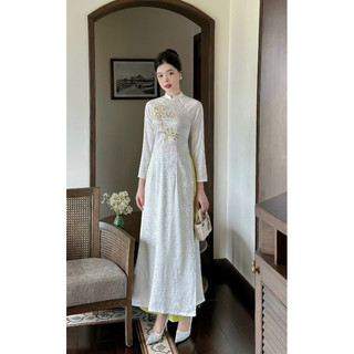 Áo dài cách tân THÊU HOA-LỤA GẤM HOA  sang chảnh