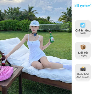 Đầm ngắn 2 dây Kill System Hanni màu trắng đính nơ viền ren chất thun co giãn