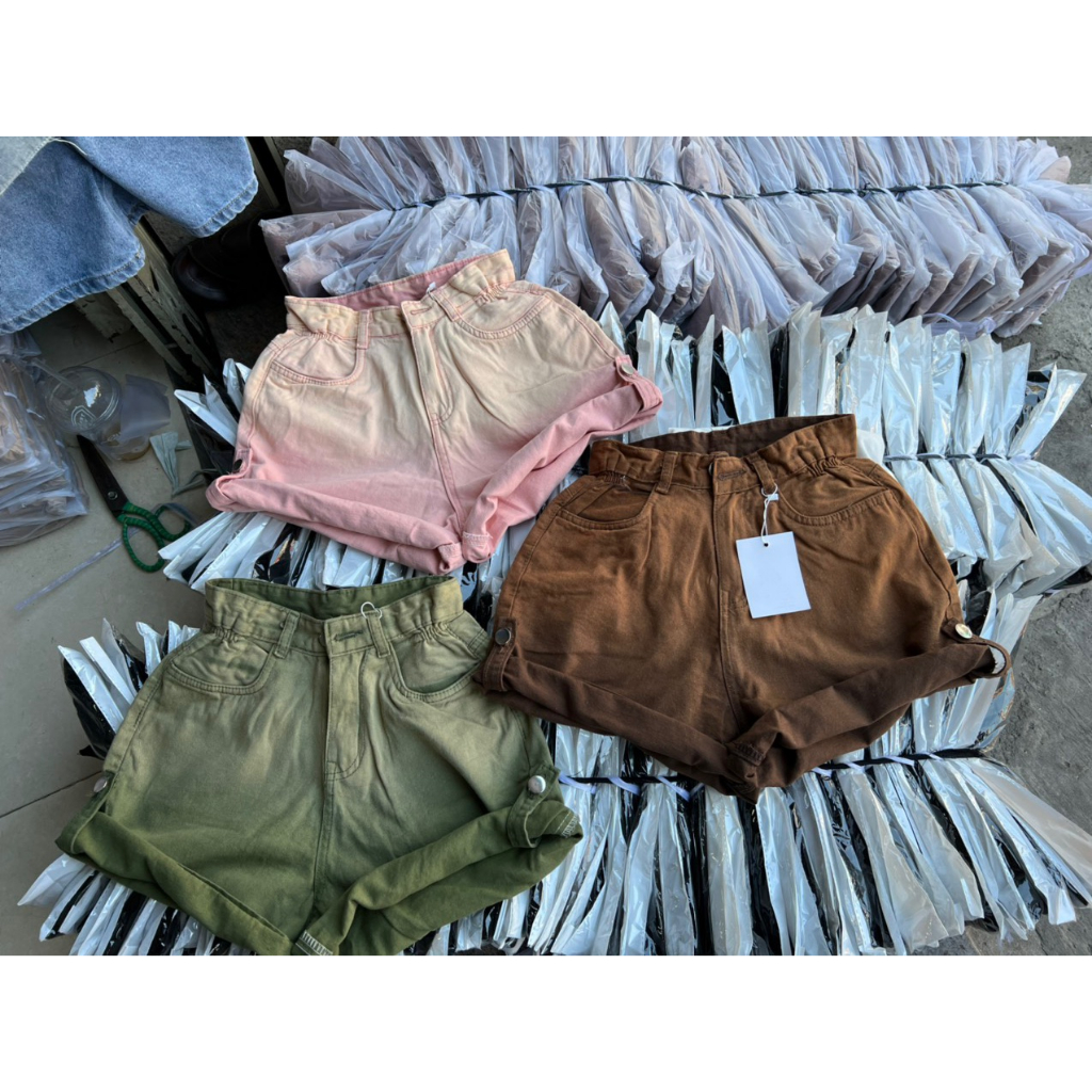 Quần jean short loang xắn lai chít eo lưng cao, Quần Đùi Bò