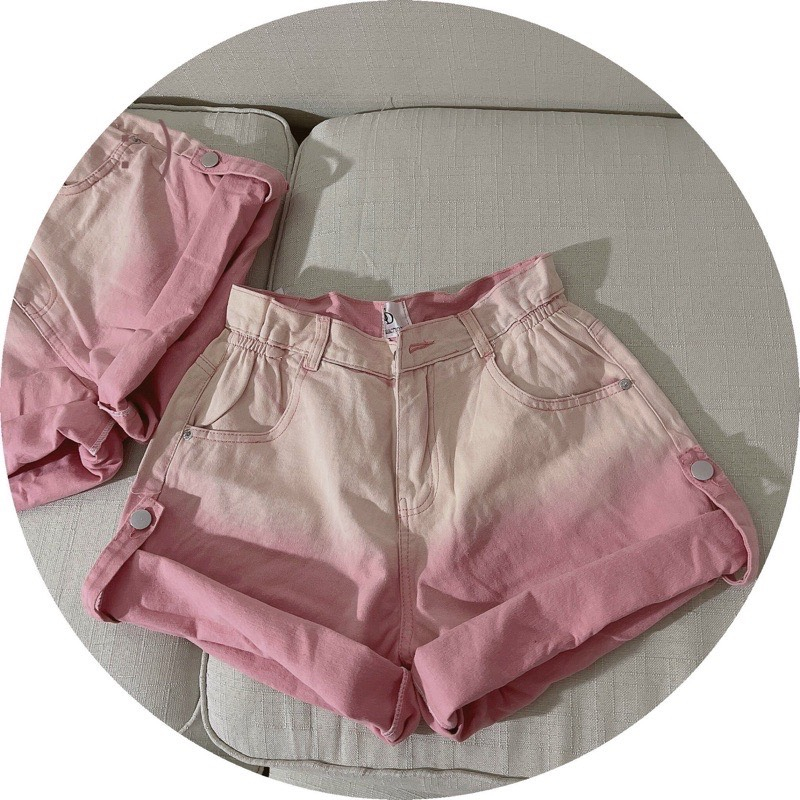 Quần jean short loang xắn lai chít eo lưng cao, Quần Đùi Bò