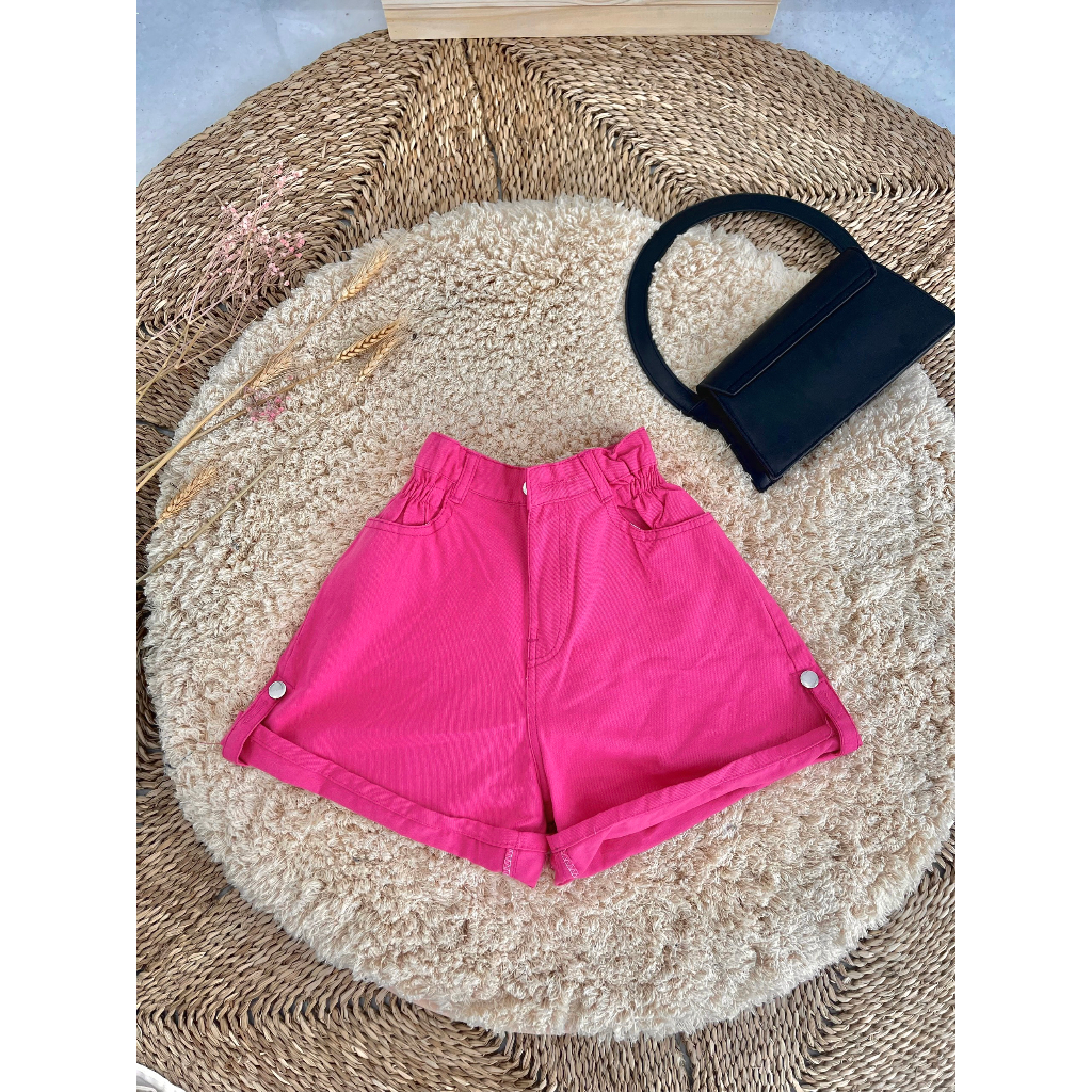 Quần jean short loang xắn lai chít eo lưng cao, Quần Đùi Bò