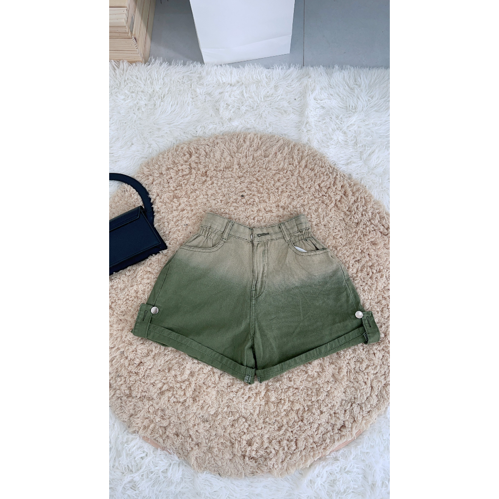 Quần jean short loang xắn lai chít eo lưng cao, Quần Đùi Bò