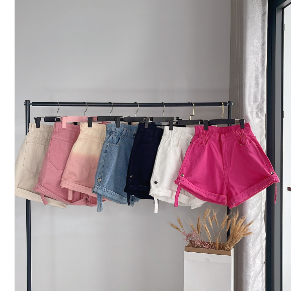Quần jean short loang xắn lai chít eo lưng cao, Quần Đùi Bò