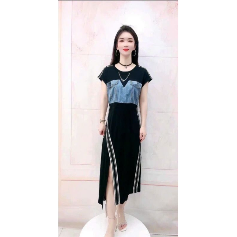 ĐẦM JEAN PHỐI THUN KẺ SỌC