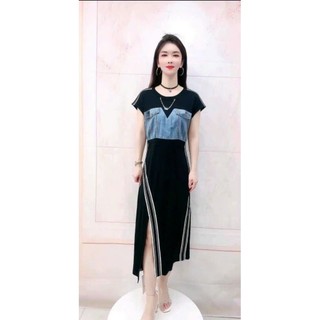 ĐẦM JEAN PHỐI THUN KẺ SỌC
