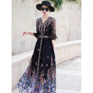 ĐẦM LỤA HOA CỔ V CAO CẤP