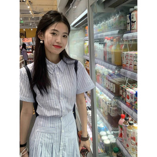 Váy sơ mi đũi kẻ xanh chun eo