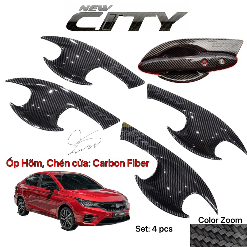 Ốp Hõm cửa Ốp Gương chiếu hậu xe Honda City 2021-2025 Carbon fiber Ốp Tay cửa Nắp bình Xăng phụ kiện