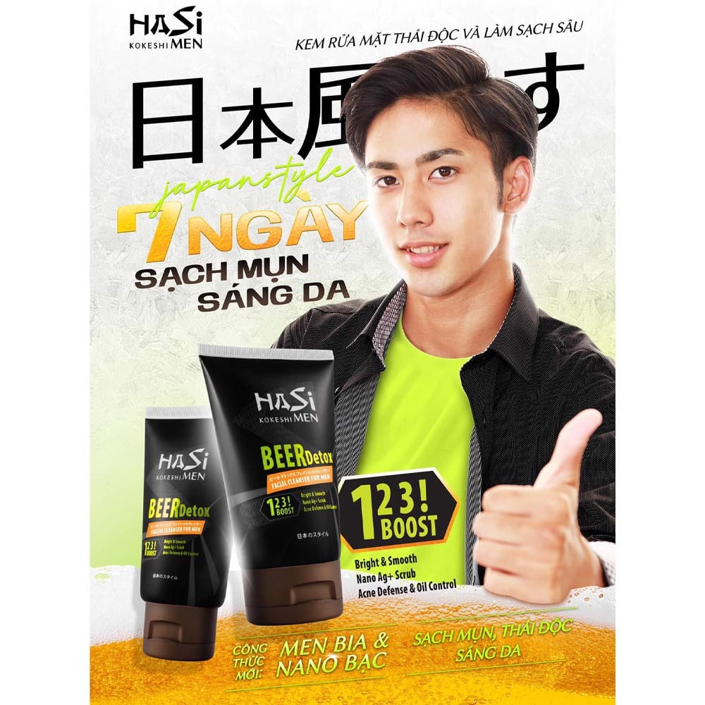 Sữa rửa mặt cho nam Hasi Kokeishi BEER DETOX FACIAL CLEANSER FOR MEN tác dụng làm sạch sâu 100g