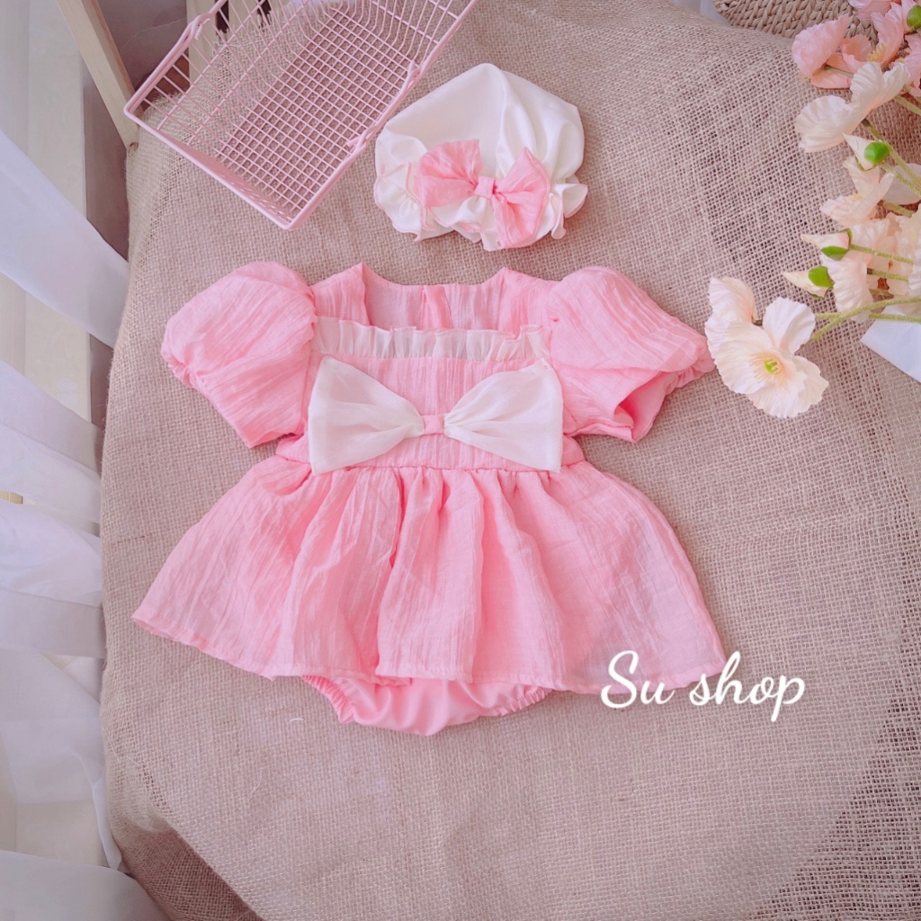 body tơ sống hồng phối nơ bé gái dễ thương 🍓[𝐓𝐀̣̆𝐍𝐆 𝐊𝐄̀𝐌 mũ 🍓 Su Shop- body thiết kế sinh nhật thôi nôi cho bé