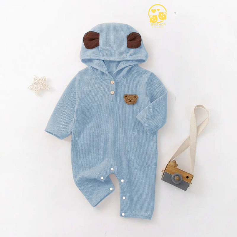 Bộ body cho bé trai, bé gái dài tay Đính Gấu dễ thương, bodysuit cho bé chất Tăm Gân mũ liền mẫu áo liền quần 0-12M