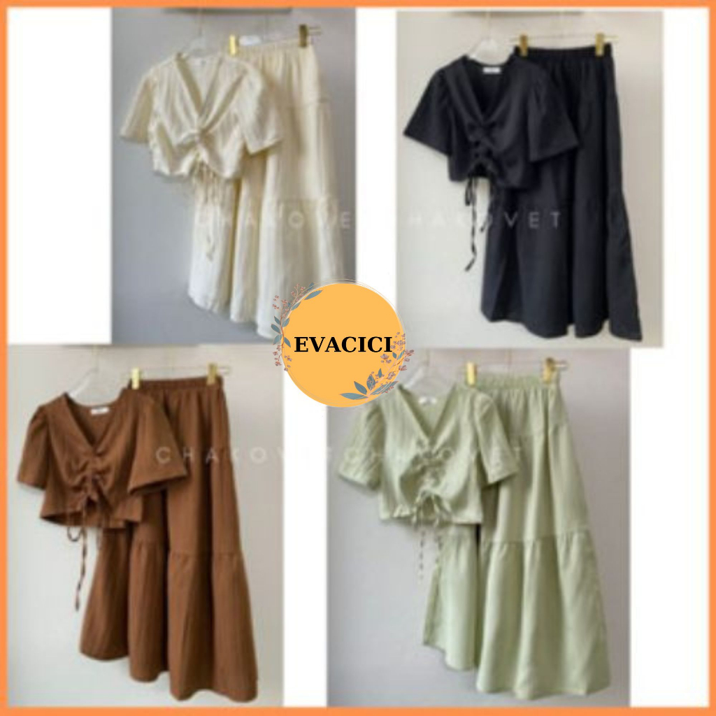 Set áo sơ mi đũi gân cộc tay mix dây rút xinh xắn kèm chân váy midi dáng dài đi chơi đi du lịch