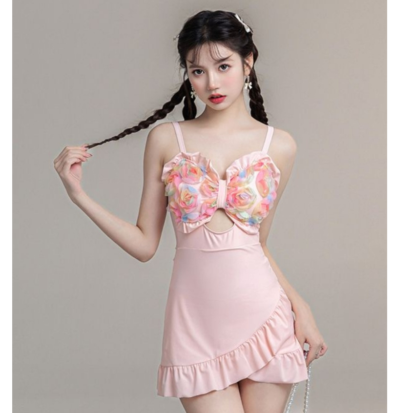 Bikini liền thân INFLACHI 1 mảnh 2 dây đi biển du lịch đồ bơi kết hoa ngực nhiều màu xinh xắn chân v