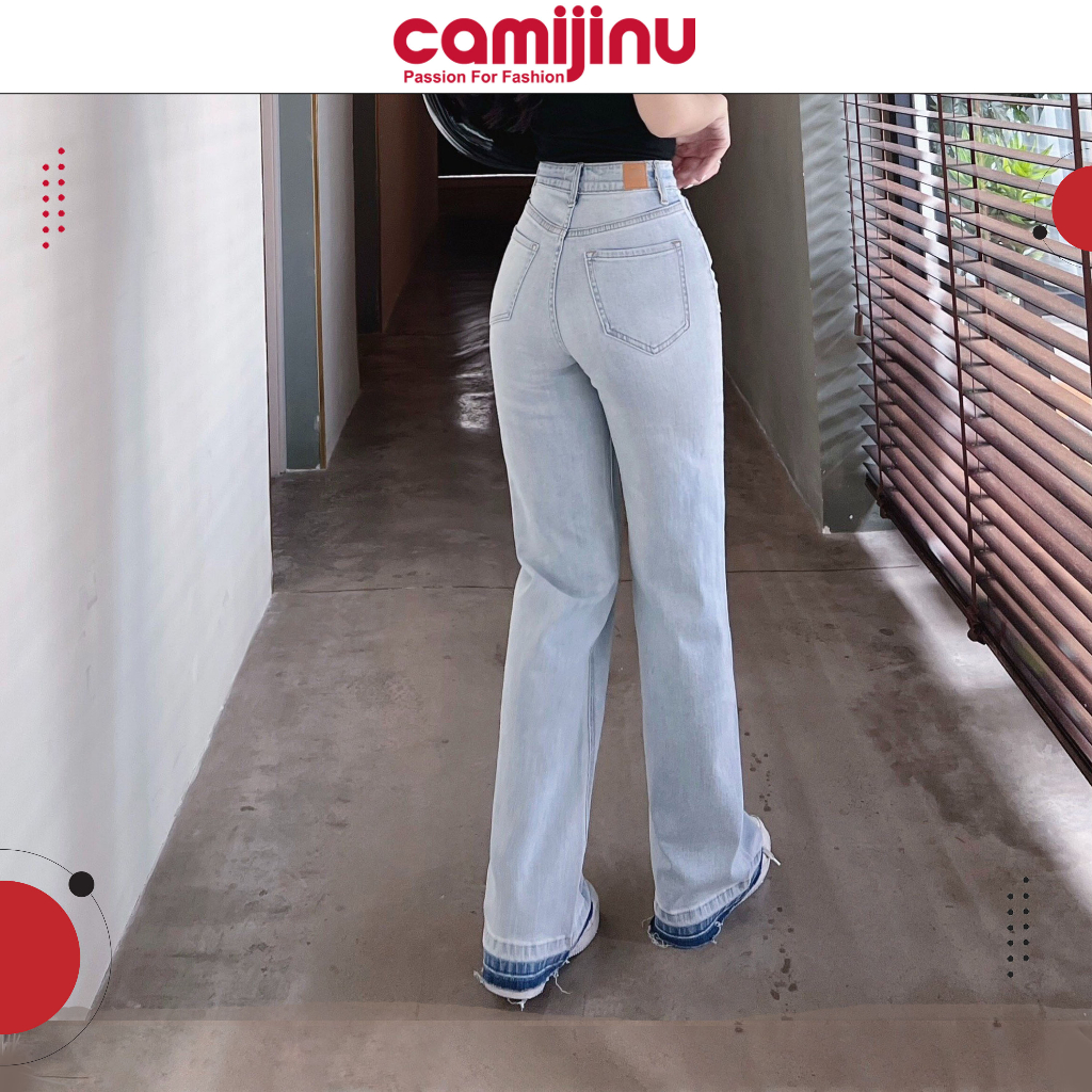 Quần Jeans Suông Gấu Dập 3D Màu Đá Nhạt