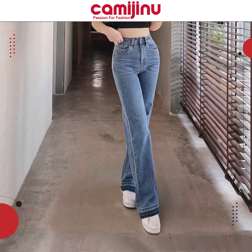 Quần Jeans Suông Gấu Dập 3D Màu Đá Nhạt