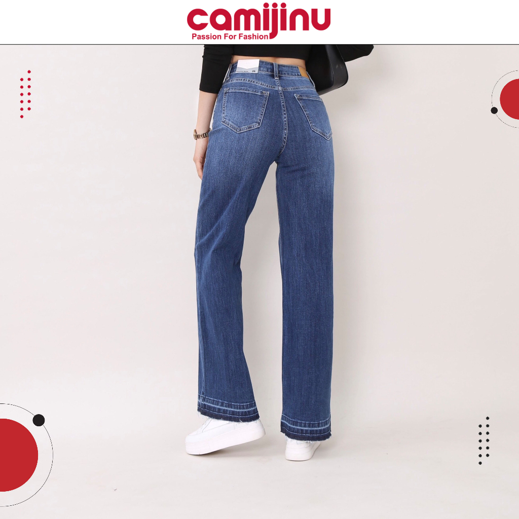 Quần Jeans Suông Gấu Dập 3D Màu Đá Nhạt