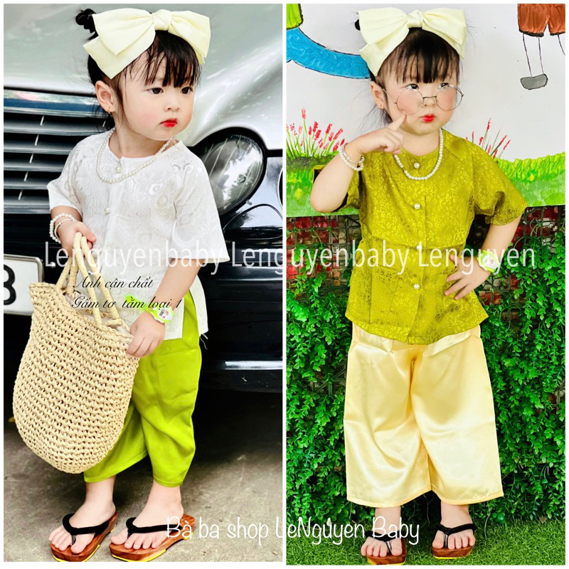 Bộ quần áo bé gái  - Sét bà ba gấm sợi tơ tằm mềm mại, thấm hút mồ hôi tốt