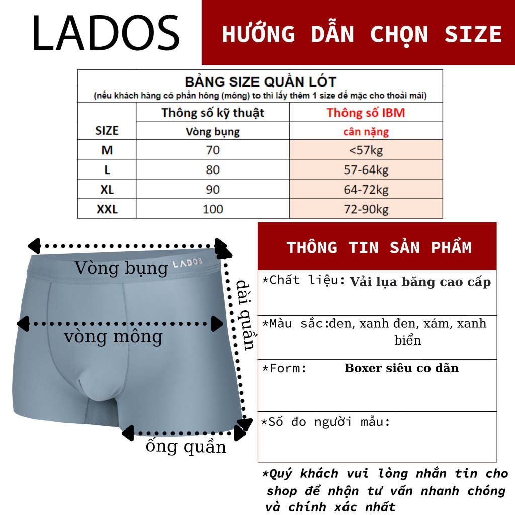 Quần sịp nam boxer cao cấp chất lụa băng lạnh LADOS 4124 siêu co giãn, không đường may, thoáng khí