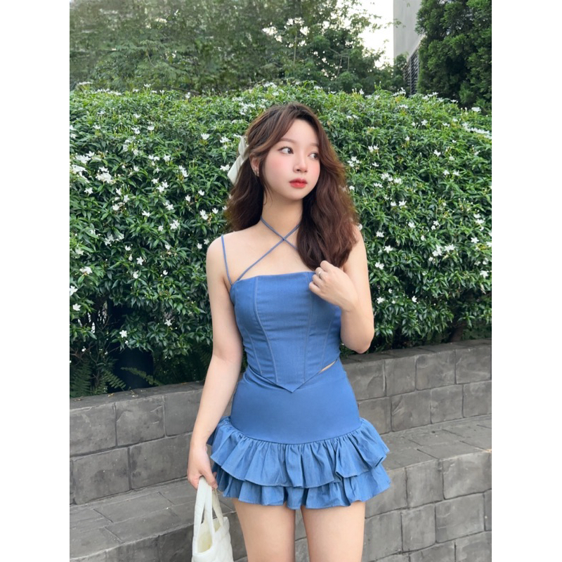 Đầm jean phom chữ A hai tầng bèo - thiết kế dạng corset by Tieudesign