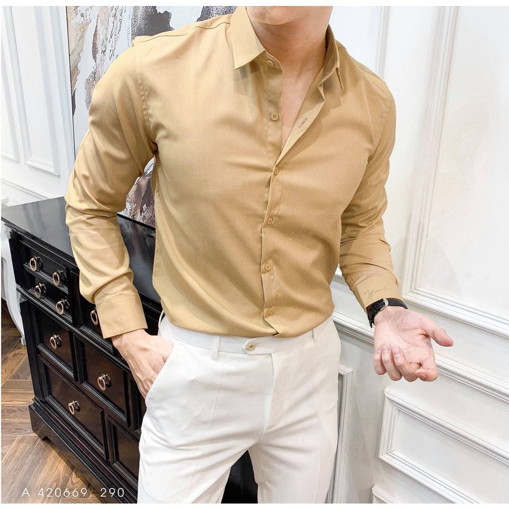 Áo sơ mi nam trơn Basic vải chéo giãn không nhăn cao cấp dài tay xuất dư cao cấp Sogeum