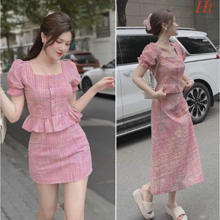 Set kẻ hồng áo khuy bọc + chân váy chữ a có lót h2s688