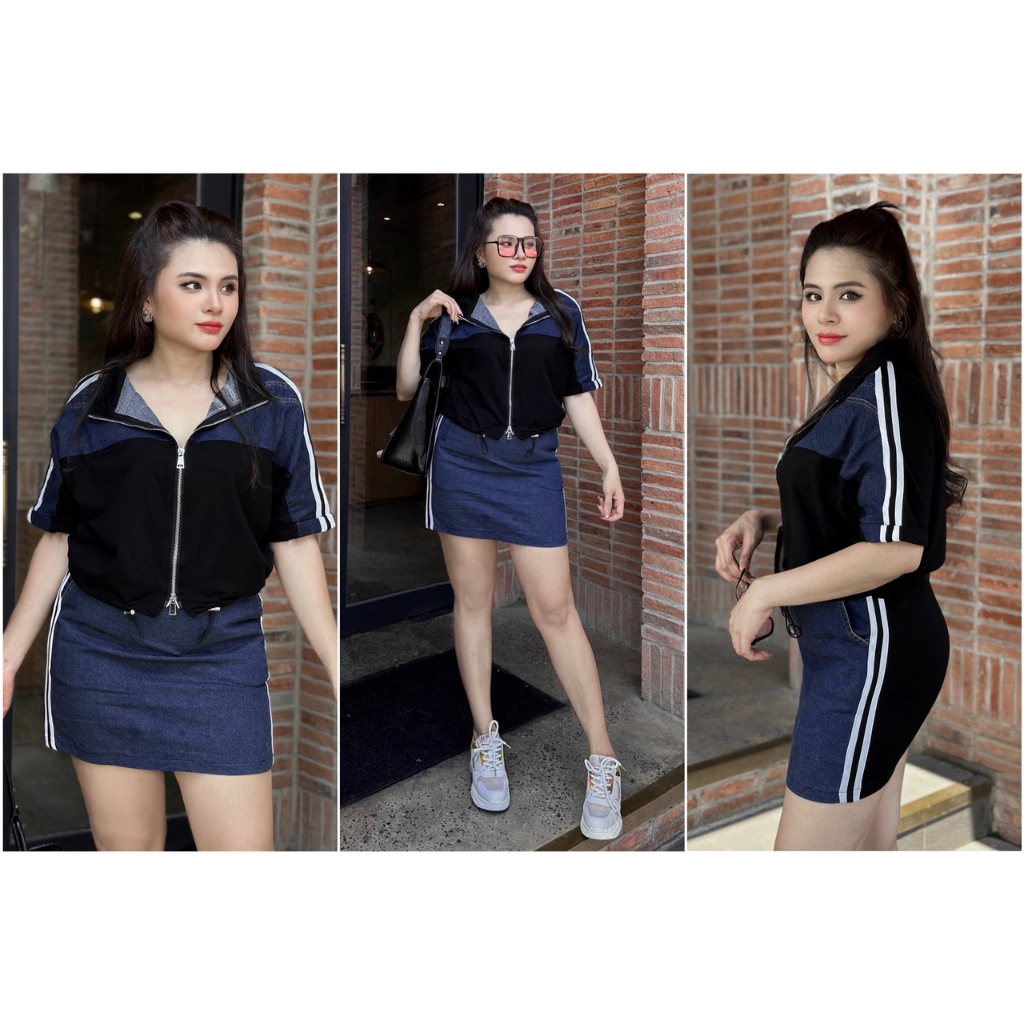 Set ÁO + CV JEANS PHỐI THUN ĐEN