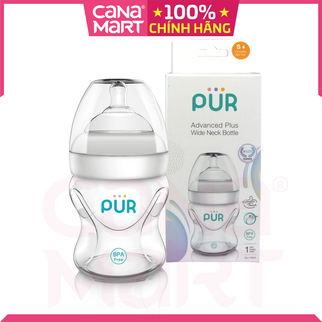 Bình sữa cổ rộng Pur Milk Safe  không chứa BPA, có eo giúp bé dễ cầm và ôm bình tự bú sữa