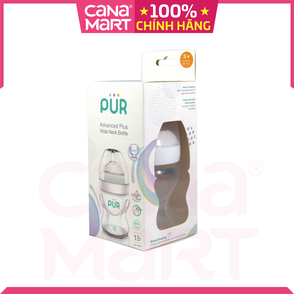 Bình sữa cổ rộng Pur Milk Safe  không chứa BPA, có eo giúp bé dễ cầm và ôm bình tự bú sữa